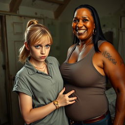 In a dilapidated room, a young blonde woman with blue eyes, notably short and appearing malnourished at 20 years old, displays an angry expression