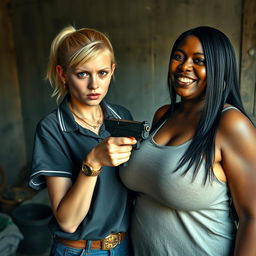 In a poverty-stricken room, a young blonde woman with blue eyes, notably short and appearing malnourished at 20 years old, displays an angry expression