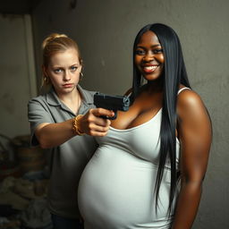 In a poverty-stricken room, a young blonde woman with blue eyes, notably short and appearing malnourished at 20 years old, displays an angry expression