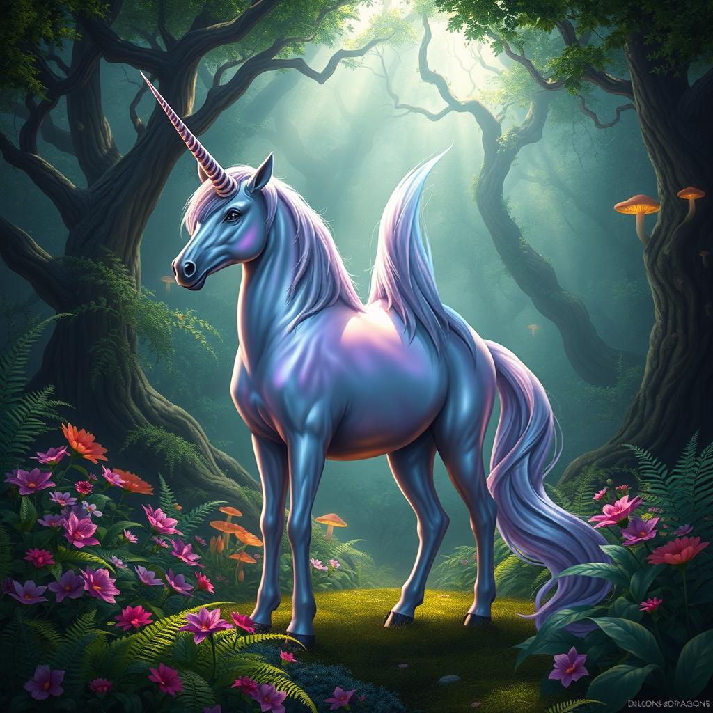 A majestic unicorn standing gracefully in a lush, enchanted fantasy forest