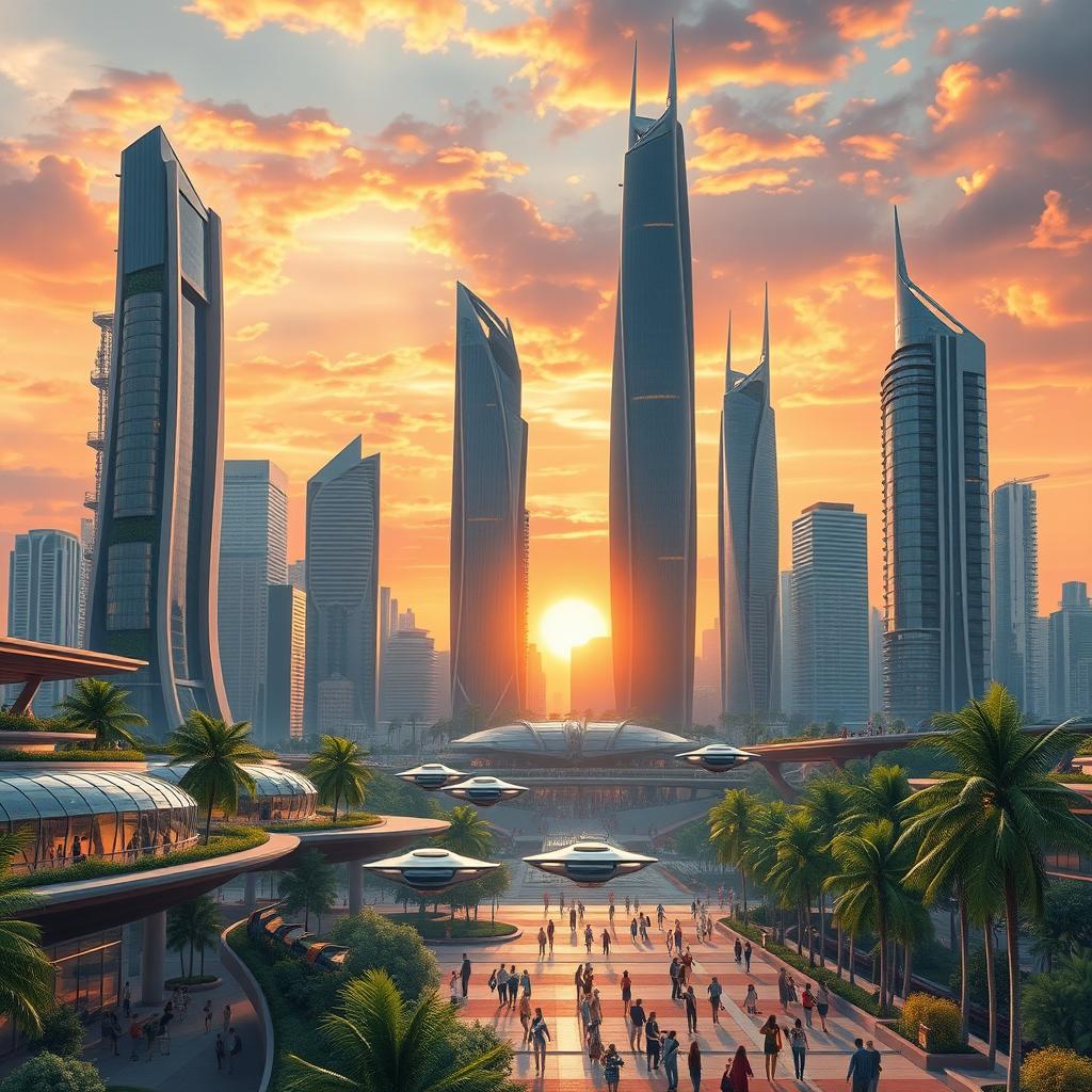 A stunningly detailed and imaginative design concept for a futuristic city skyline at sunset