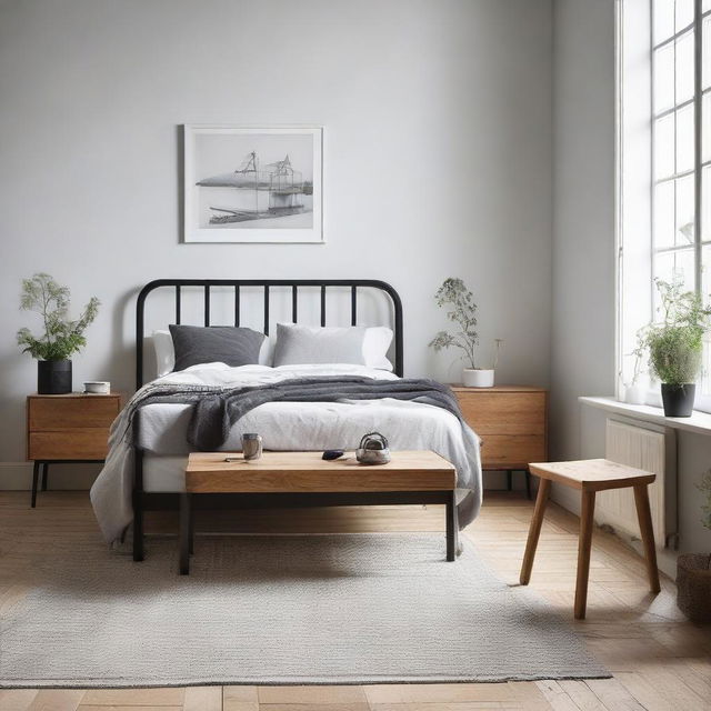 Scandinavian styled bedroom with industrial teakwood furniture including a chair and table