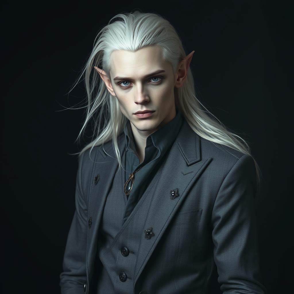 A mystical elf man with striking grey skin and flowing platinum hair, dressed in elegantly tailored grey clothing, standing confidently against a dark, dramatic background that enhances his otherworldly appearance