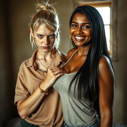 In a poor room, a young, visibly malnourished blonde woman with blue eyes stands defiantly at 20 years old, displaying an angry, tough demeanor