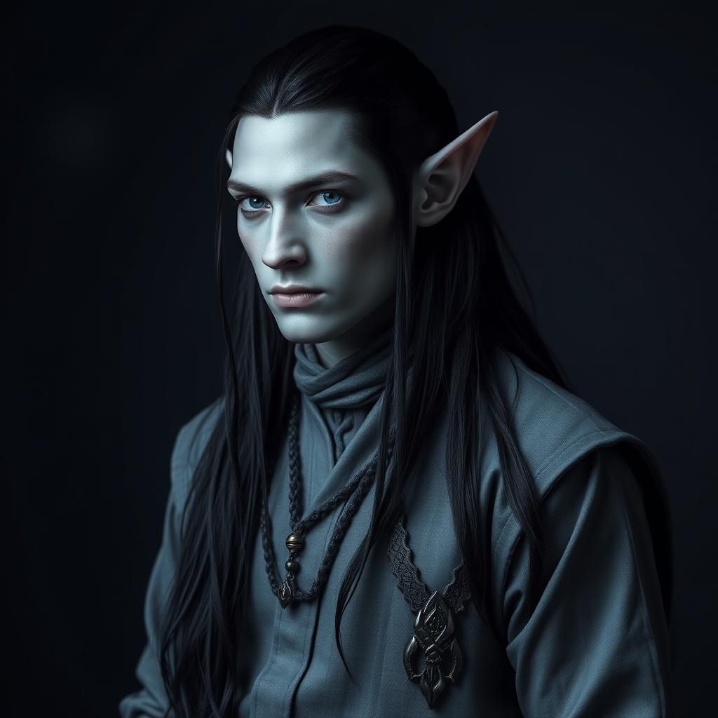 A mystical elf man with striking grey skin and long, sleek black hair, dressed in stylish grey clothing that complements his unique features