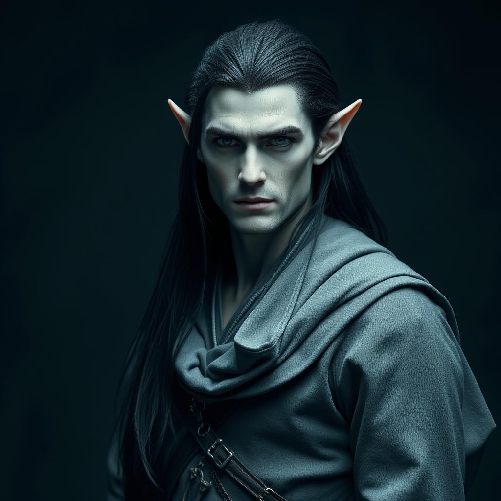 A captivating elf man with striking grey skin and long, sleek black hair, clad in stylish grey clothing that emphasizes his unique features