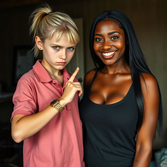 In a poor room, a young, visibly malnourished blonde woman with blue eyes, notably short and appearing tough at 20 years old, displays an angry, fierce expression