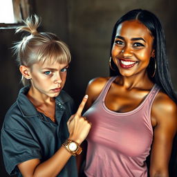 In a poor room, a young, visibly malnourished blonde woman with blue eyes, notably short and appearing tough at 20 years old, displays an angry, fierce expression