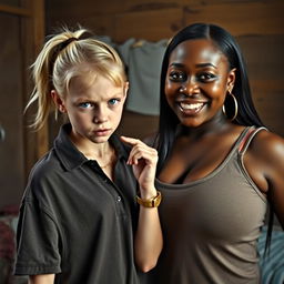 In a poor room, a young, visibly malnourished blonde woman with blue eyes, notably short and appearing tough at 20 years old, displays an angry, fierce expression