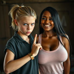 In a poor room, a young, visibly malnourished blonde woman with blue eyes, notably short and appearing tough at 20 years old, displays an angry, fierce expression