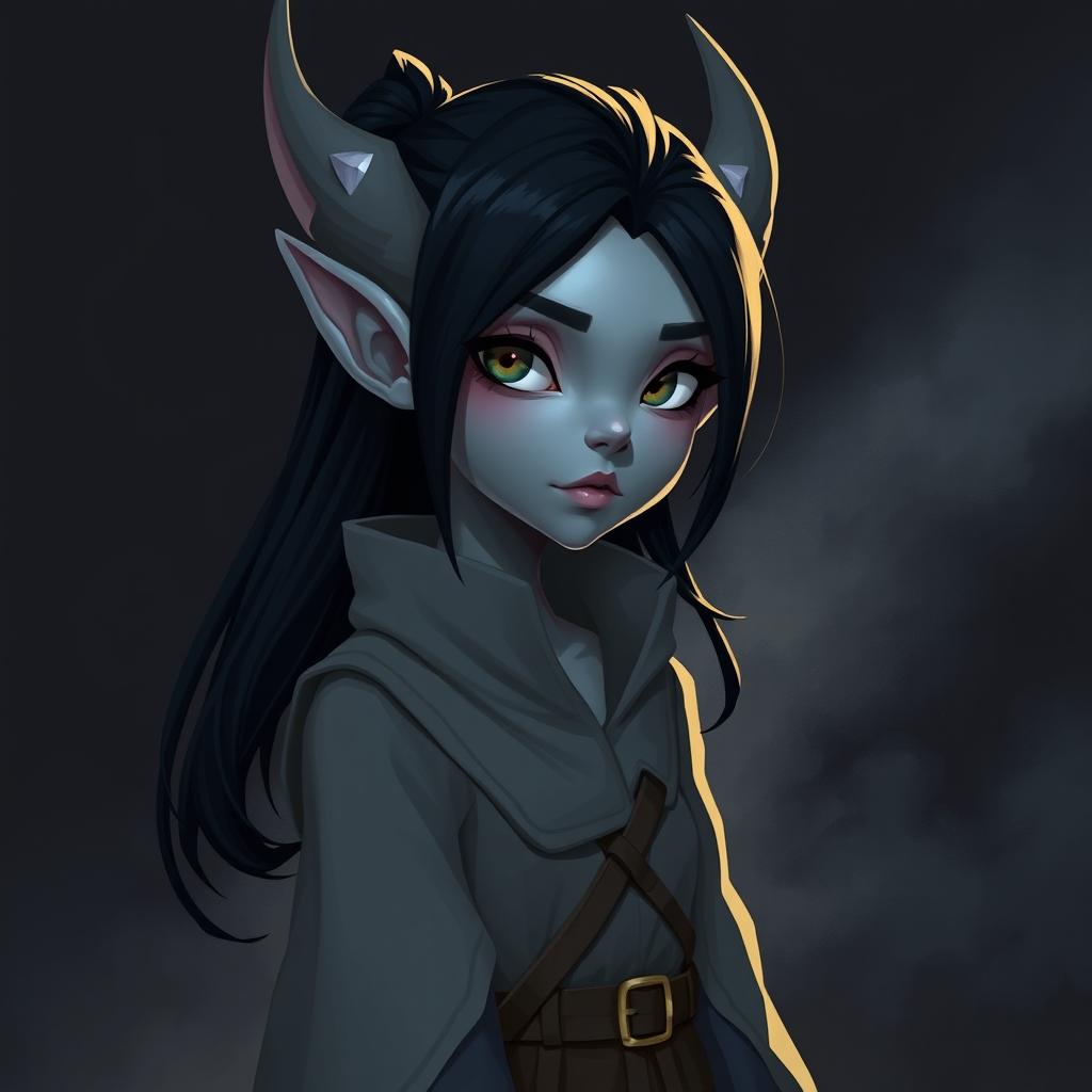 A 2D illustration of a mystical elf character featuring striking grey skin and sleek black hair