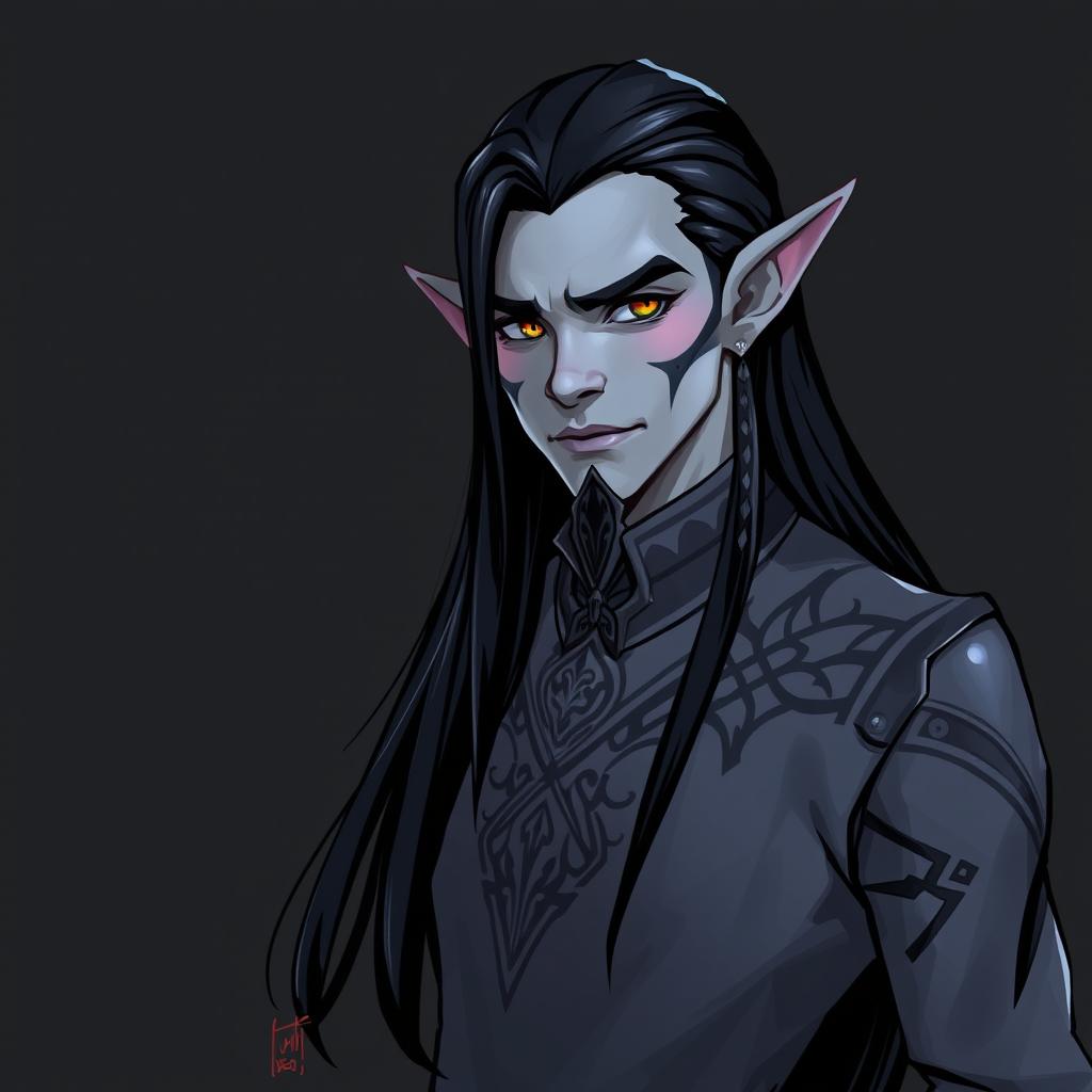 A 2D illustration of a mystical elf man showcasing unique grey skin and long, sleek black hair