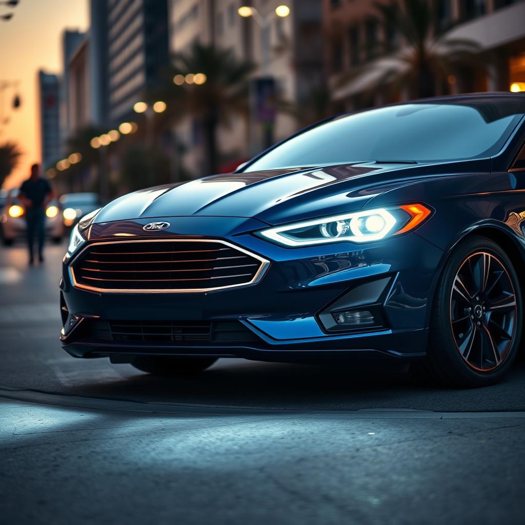 A sleek 2019 Ford Fusion, modified with unique hexagon-shaped headlights that add a modern and futuristic look to the front