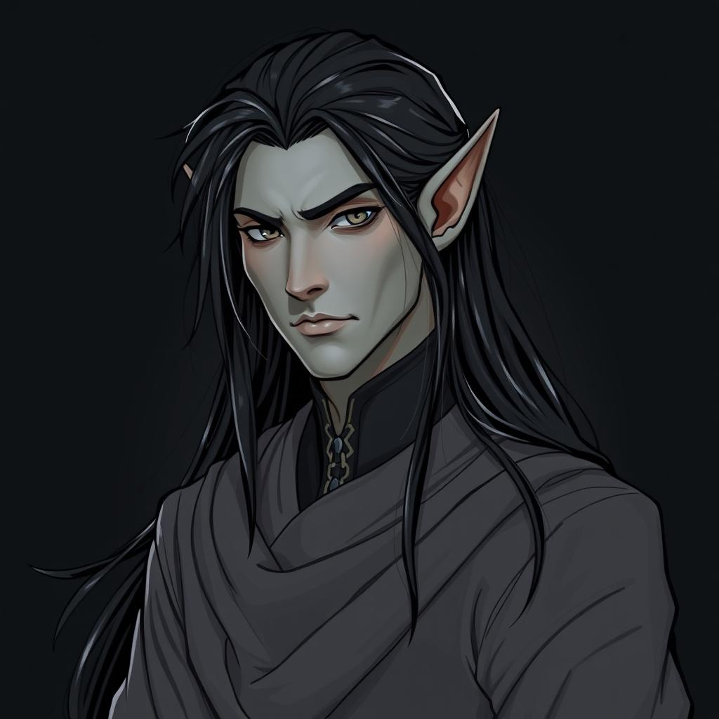 A 2D illustration of an elf man characterized by his distinctive gray skin and long black hair