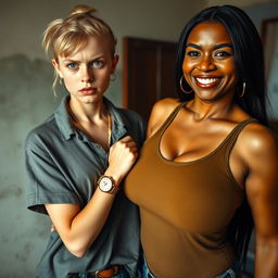 In a poor room, a young, visibly malnourished blonde woman with blue eyes stands defiantly at 20 years old, featuring a tough, angry expression, embodying a thug persona