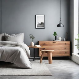 Scandinavian styled bedroom with industrial teakwood furniture including a chair and table