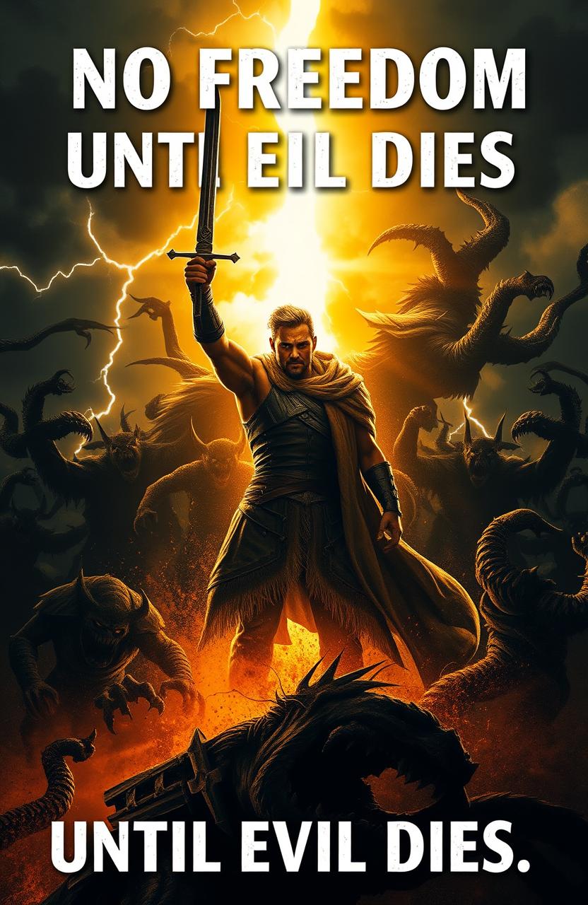 A powerful and evocative image depicting the phrase 'No freedom until evil dies'