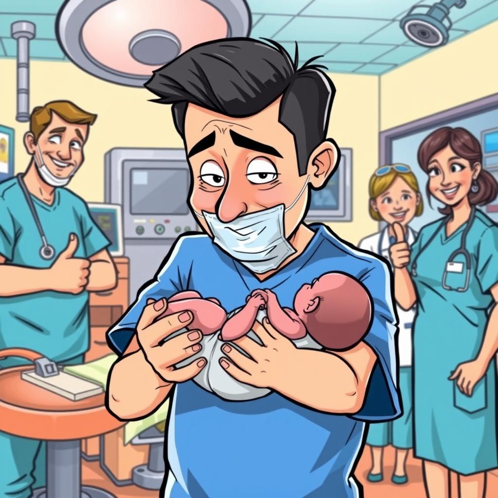 A humorous cartoon depicting a man in his 30s with slicked-back hair, showing a mixed expression of happiness, surprise, and a hint of panic