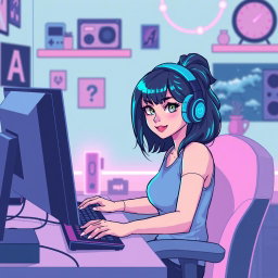 A retro pixel art image in a lofi style depicting a beautiful girl gamer sitting at her computer in her room