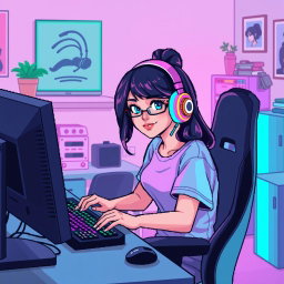 A retro pixel art image in a lofi style depicting a beautiful girl gamer sitting at her computer in her room