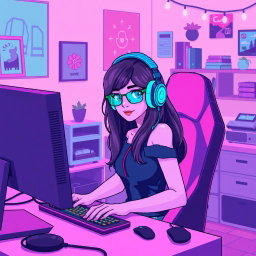 A retro pixel art image in a lofi style depicting a beautiful girl gamer sitting at her computer in her room