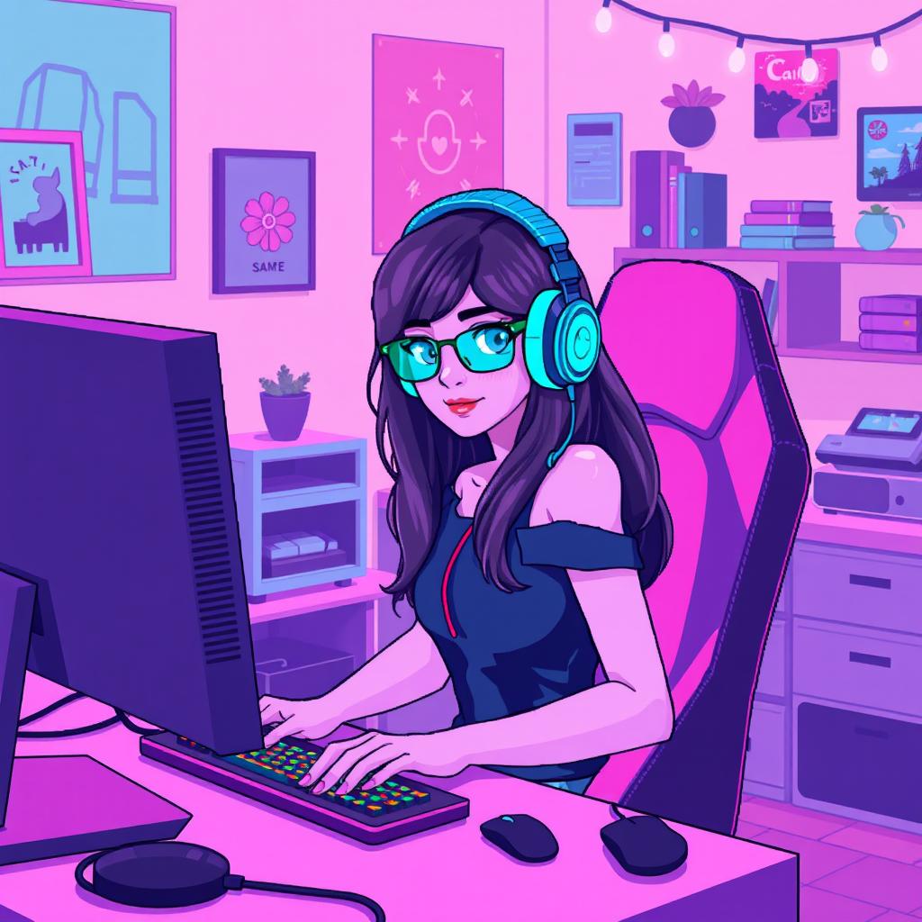 A retro pixel art image in a lofi style depicting a beautiful girl gamer sitting at her computer in her room