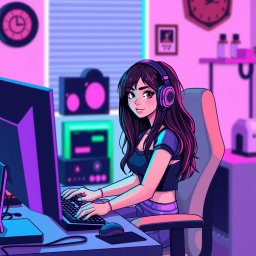 A retro pixel art image in a lofi style depicting a beautiful girl gamer sitting at her computer in her room