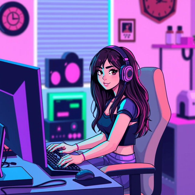 A retro pixel art image in a lofi style depicting a beautiful girl gamer sitting at her computer in her room