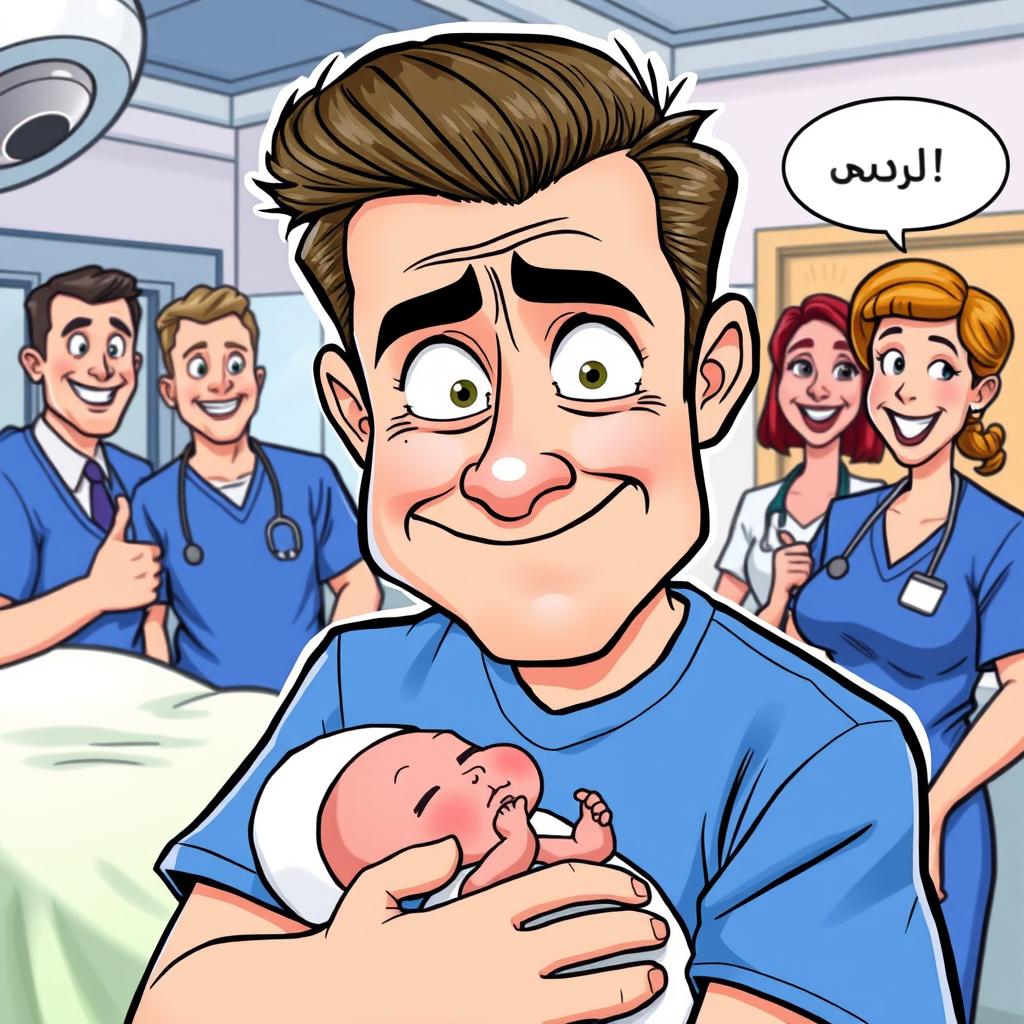 A funny cartoon depicting a 30-year-old man with slicked-back hair, wearing blue hospital scrubs