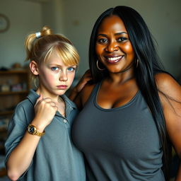 In a poor room, a young, malnourished blonde woman with blue eyes stands defiantly at 20 years old, exhibiting a tough, angry expression