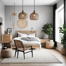 Upgraded Scandinavian styled bedroom with industrial teakwood furniture including a chair and table, now enhanced with a rattan light pendant