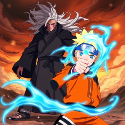 Boruto Uzumaki, the young ninja from the anime series, is depicted in a dynamic pose, confidently holding the Rasengan in his right hand, with his signature determined expression