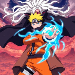 Boruto Uzumaki, the young ninja from the anime series, is depicted in a dynamic pose, confidently holding the Rasengan in his right hand, with his signature determined expression