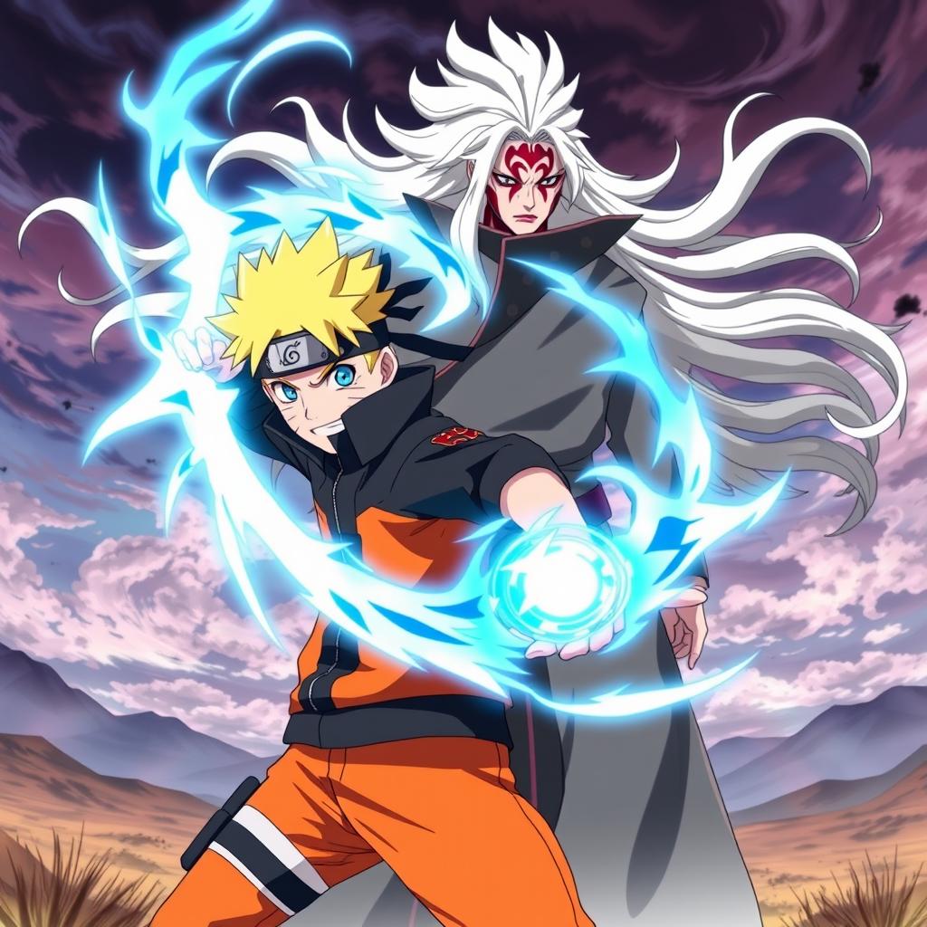 Boruto Uzumaki, the young ninja from the anime series, is depicted in a dynamic pose, confidently holding the Rasengan in his right hand, with his signature determined expression