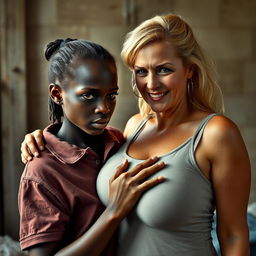 In a poor room, a young, short, black African woman who is an adult and underweight, displaying a fierce and angry expression