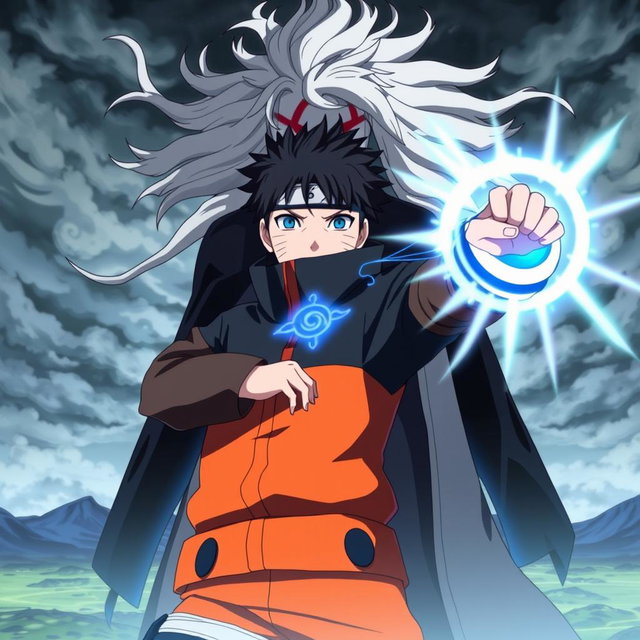 In an intense scene from "Boruto: Naruto Next Generations," Boruto Uzumaki is shown confidently holding the Rasengan in his right hand, radiating bright blue and white energy