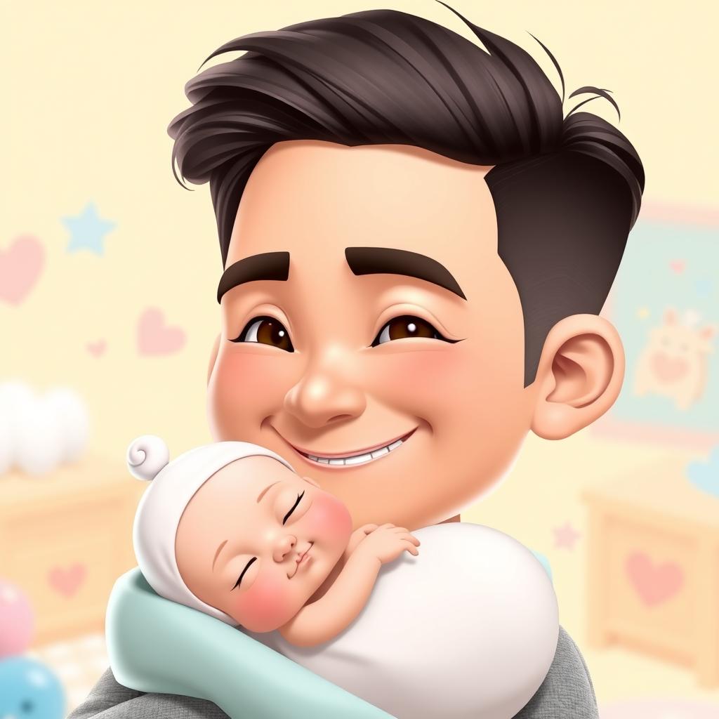 A cute and detailed 3D caricature of a 30-year-old man with slicked-back hair, showcasing a warm smile and slightly exaggerated facial features for a cartoonish effect