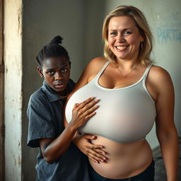 In a poor room, a young African woman, who is short and malnourished at the age of 20, with very dark skin and a fierce expression of anger