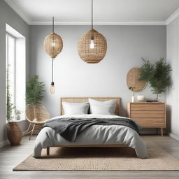 Upgraded Scandinavian styled bedroom with industrial teakwood furniture including a chair and table, now enhanced with a rattan light pendant