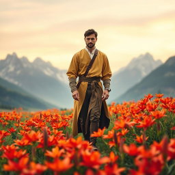 An award-winning quality book cover featuring a man dressed in elegant medieval clothing, gracefully walking through a vibrant field of fire lilies