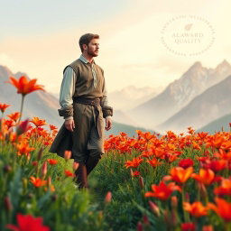 An award-winning quality book cover featuring a man dressed in elegant medieval clothing, gracefully walking through a vibrant field of fire lilies