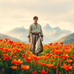 An award-winning quality book cover featuring a man dressed in elegant medieval clothing, gracefully walking through a vibrant field of fire lilies