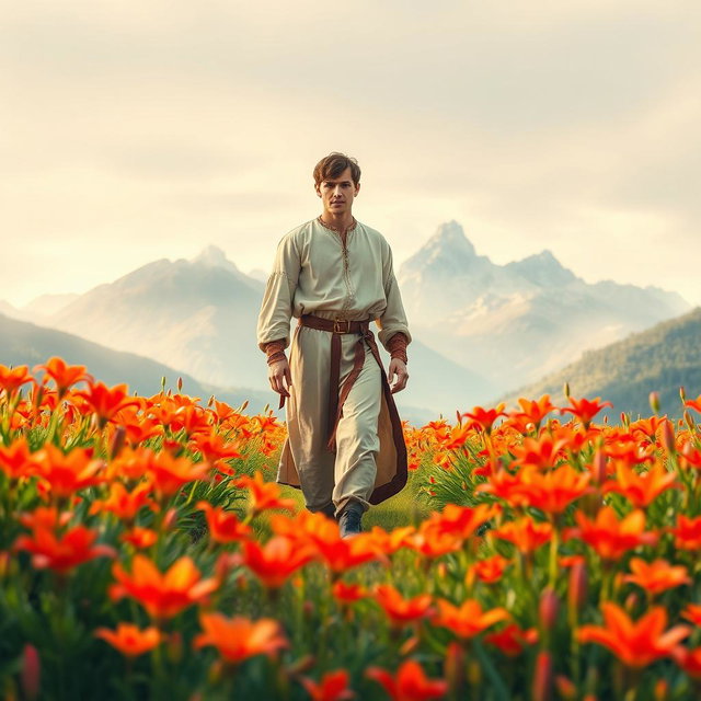 An award-winning quality book cover featuring a man dressed in elegant medieval clothing, gracefully walking through a vibrant field of fire lilies