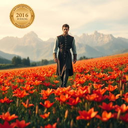 An award-winning quality book cover featuring a man dressed in elegant medieval clothing, gracefully walking through a vibrant field of fire lilies
