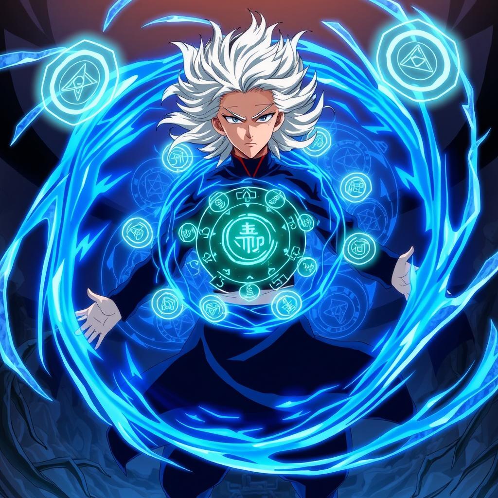 A powerful anime scene depicting Satoru Gojo from Jujutsu Kaisen launching his domain expansion