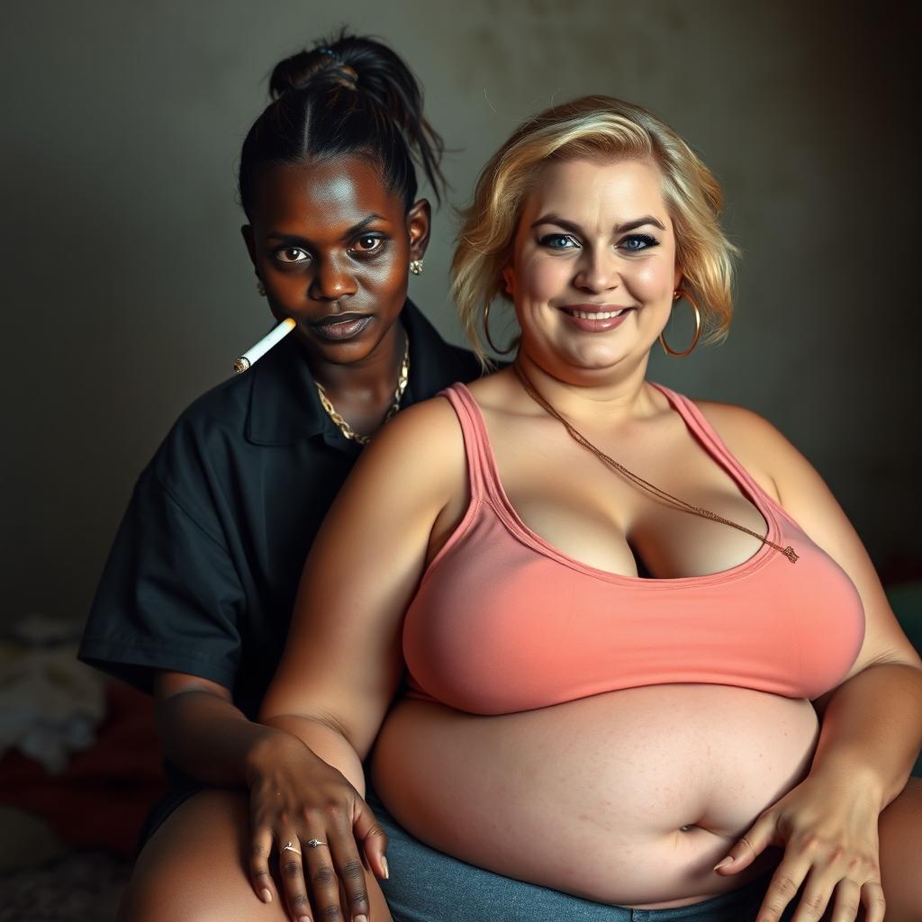 In a poor room, a young African woman, who is short, malnourished and 20 years old with very dark skin and an angry expression, is wearing a loose men's gangster polo shirt