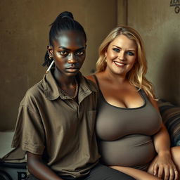 In a poor room, a young African woman, who is short, malnourished and 20 years old with very dark skin and an angry expression, is wearing a loose men's gangster polo shirt