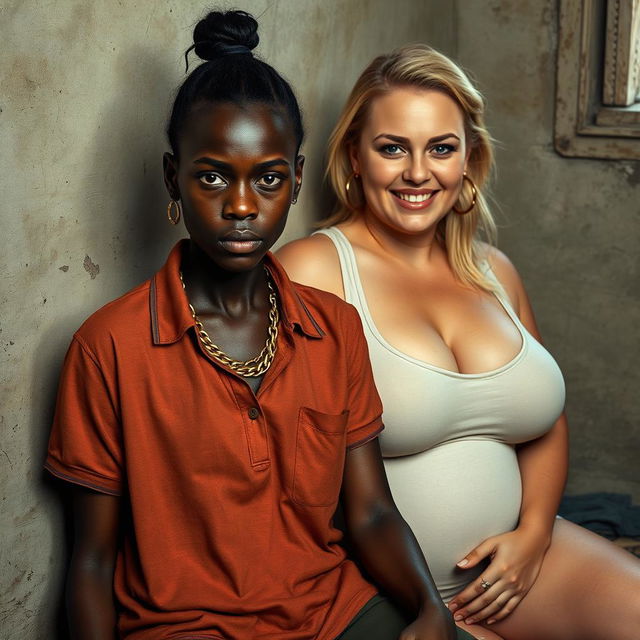 In a poor room, a young African woman, who is short, malnourished and 20 years old with very dark skin and an angry expression, is wearing a loose men's gangster polo shirt