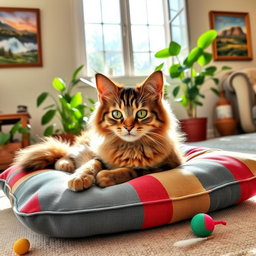 A cute, fluffy cat lounging on a soft, colorful cushion in a sunlit living room