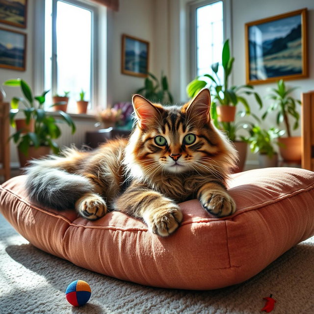 A cute, fluffy cat lounging on a soft, colorful cushion in a sunlit living room